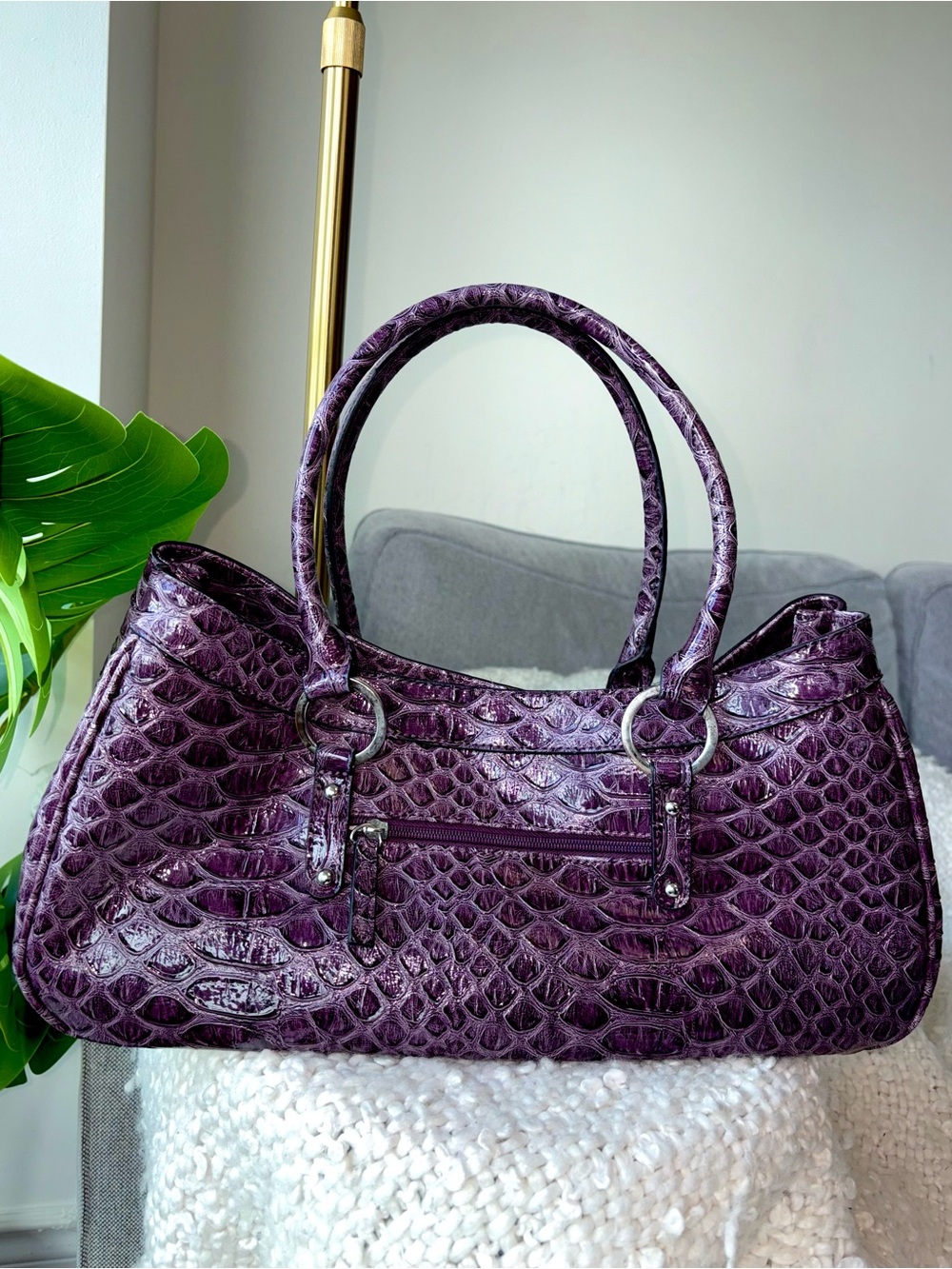 Vintage Y2K GUESS Purple Plum Croc Satchel Shoulder Bag Large G Charm Rare 2000s - Picture 7 of 14